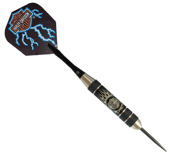 A harley davidson darts with a lightning design.