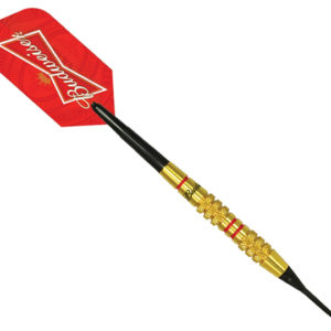 A red and black dart board with a gold tip