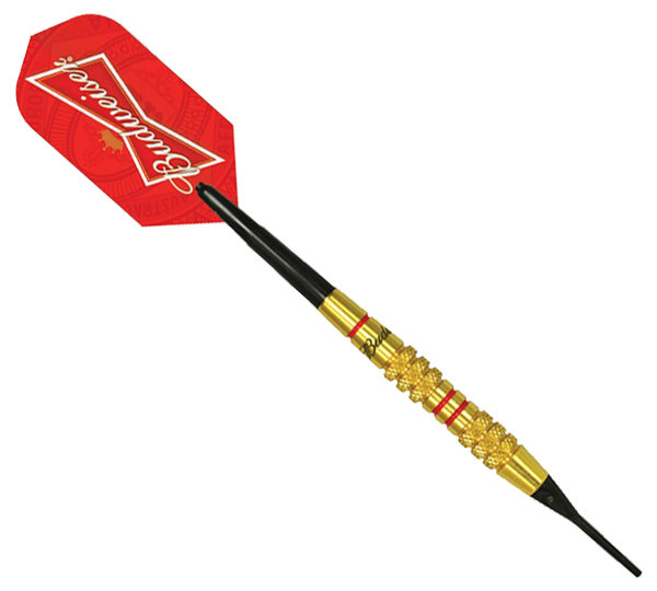 A red and black dart board with a gold tip