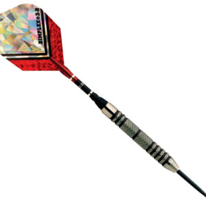 A red and black dart with a white dot on it.