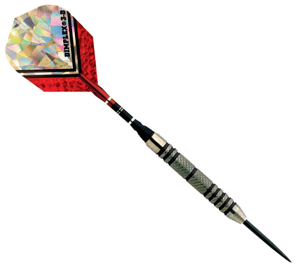 A red and black dart with a white dot on it.