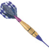 A purple and gold dart with a blue diamond pattern.