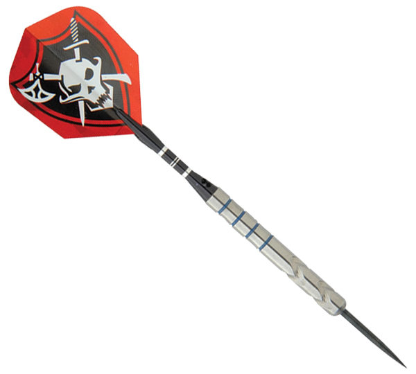 A red and black dart with a skull on it.