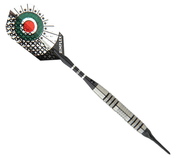 A black and white spear with a red ball on it.