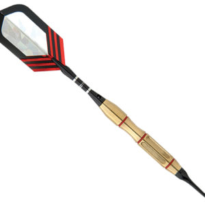 A black and red striped dart with a wooden handle.