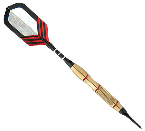 A black and red striped dart with a wooden handle.