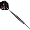 A black and silver darts stick with a red logo.