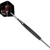 A black and silver darts stick with a red logo.