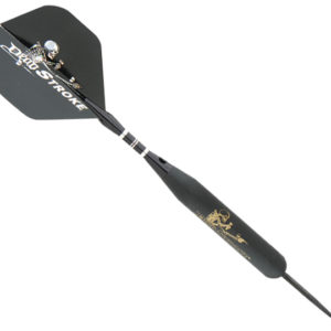 A black and silver dart with a white tip