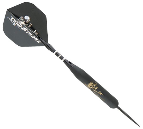 A black and silver dart with a white tip