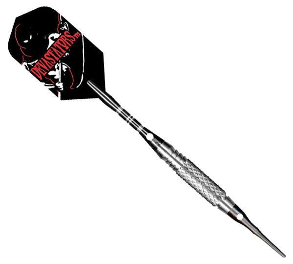 A picture of a black and red bull themed steel tip darts.