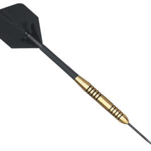 A black and gold dart with a brass tip.