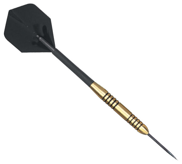 A black and gold dart with a brass tip.