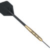 A black and gold metal dart holder with one tip.