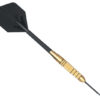 A black and gold metal dart holder with one tip.