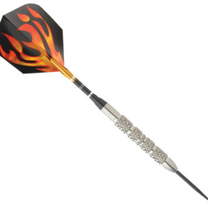 A black and red flame design on the tip of a dart.