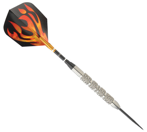 A black and red flame design on the tip of a dart.