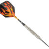 A black and orange flame design on the tip of a steel dart.