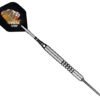 A black and silver steel dart with a picture of a bear on it.