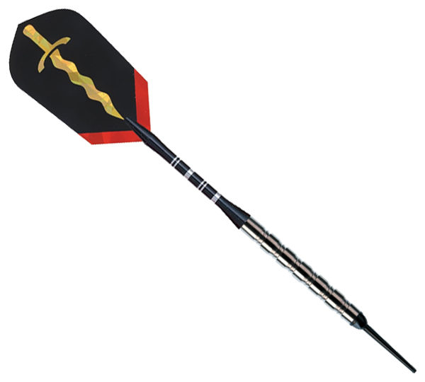 A black and red paddle with a sword on it