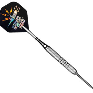 A black and silver steel tip dart with the words " super hero ".