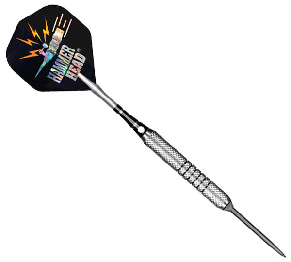 A black and silver steel tip dart with the words " super hero ".