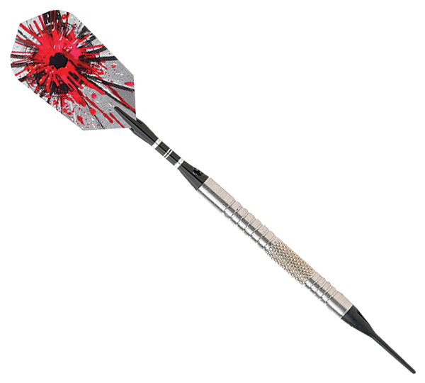 A red and black dart with a white background