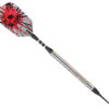 A red and black dart with a black dot on it.