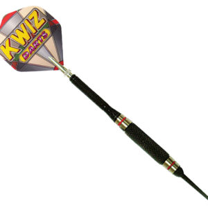 A black and red dart board with a white handle