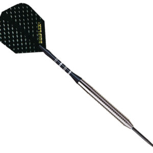 A black and silver dart board with a metal tip.