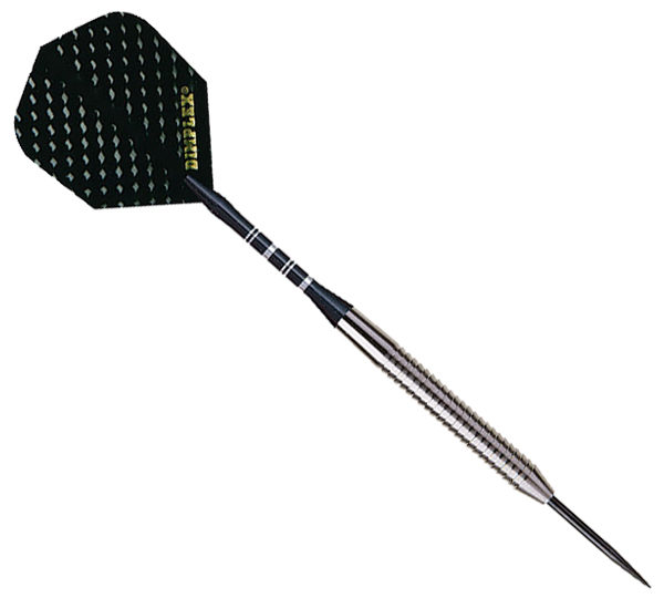 A black and silver dart board with a metal tip.