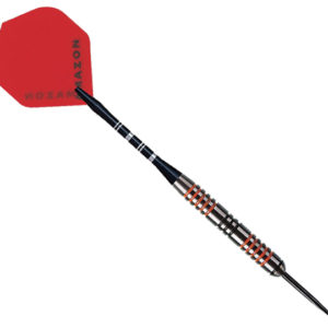 A red and black dart board with one side in the air.