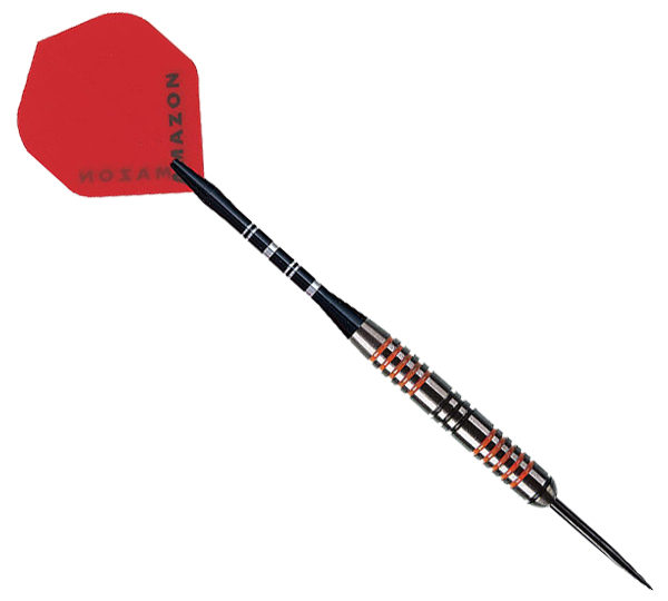 A red and black dart board with one side in the air.