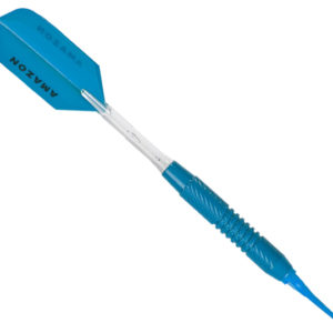 A blue and white plastic dart holder with one side of the handle.