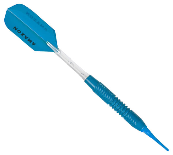 A blue and white plastic dart holder with one side of the handle.