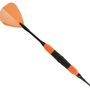 A black and orange plastic dart with a tip.