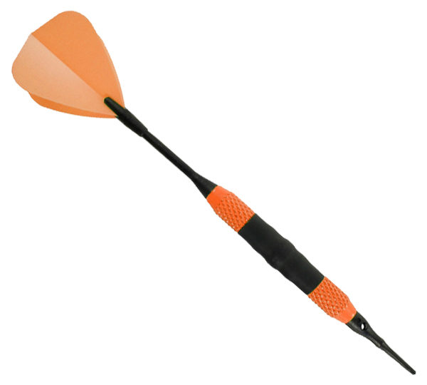 A black and orange plastic dart with a tip.