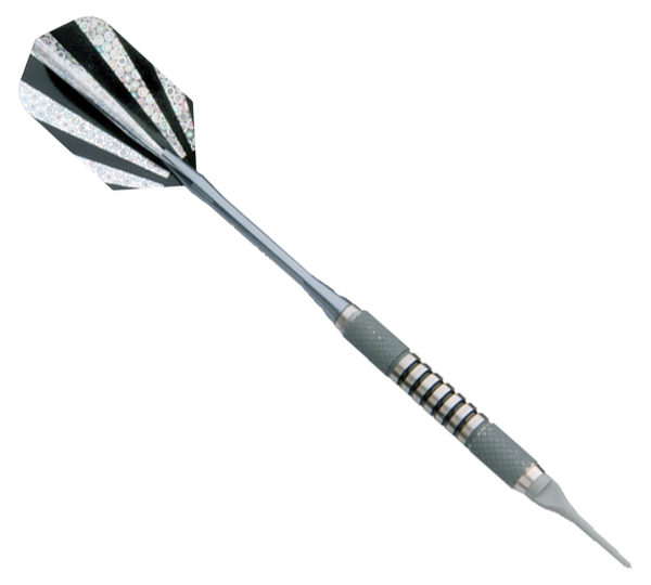 A black and white striped darts with a silver tip.