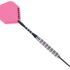 A pink and black steel tip dart with the name " amazon ".