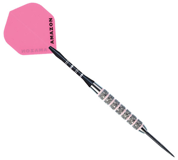 A pink and black steel tip dart with the name " amazon ".