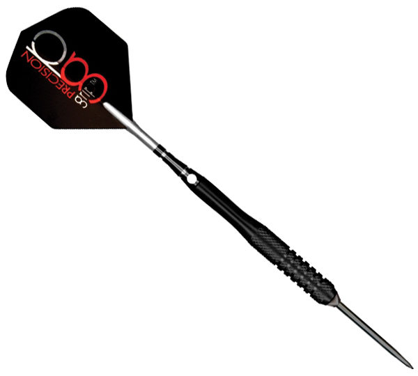 A black and silver steel tip dart with the number 1 8 0 on it.