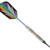 A black and silver metal arrow with a rainbow design on it.