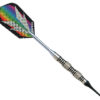 A black and silver metal arrow with a rainbow design on it.