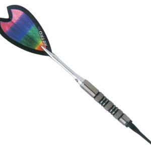 A colorful dart with a black handle and a rainbow colored tip.