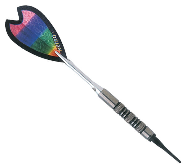 A colorful dart with a black handle and a rainbow colored tip.