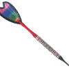 A colorful dart with a red handle and black tip.