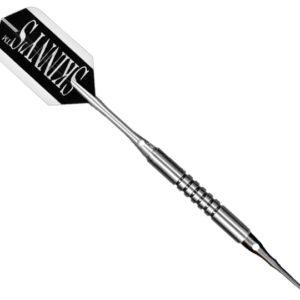 A silver and black metal dart holder with the word " savages ".