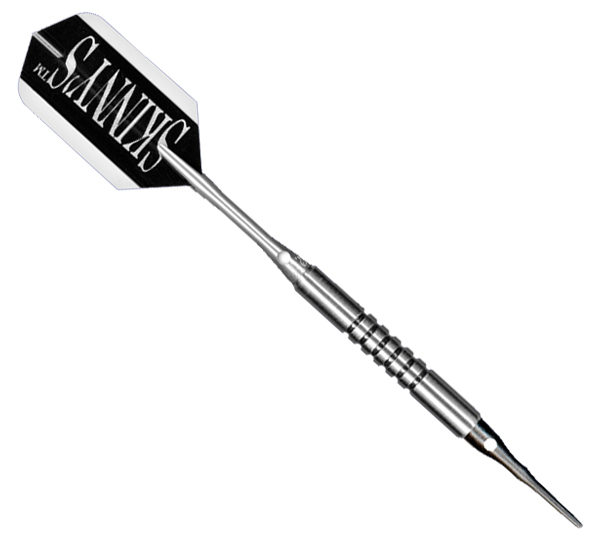 A silver and black metal dart holder with the word " savages ".