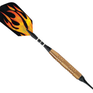 A black and orange flame design on the tip of a wooden handle.