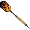 A black and orange fire design on the side of a wooden handle.